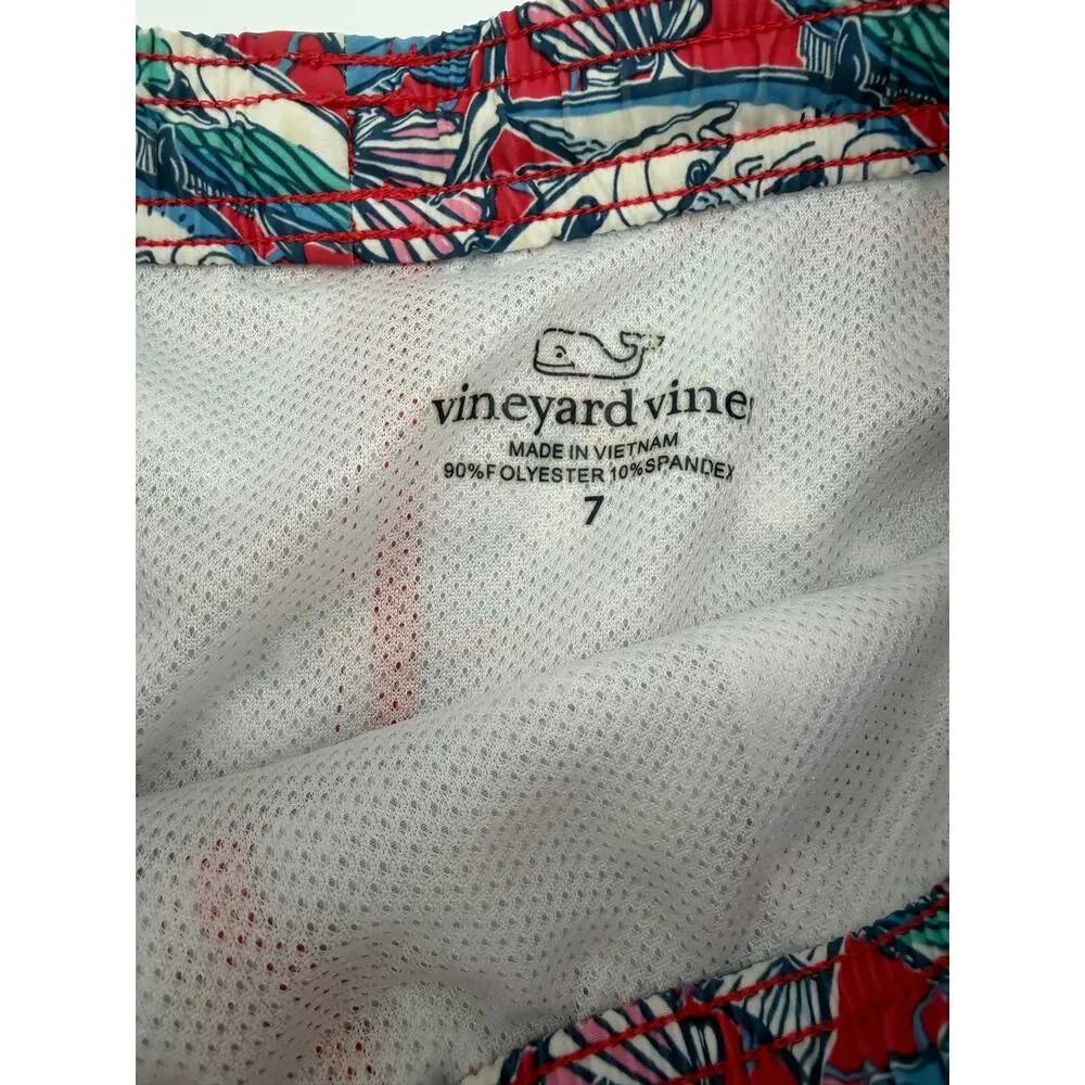 Vineyard Vines chappy swim trunk red blue fish boys 7